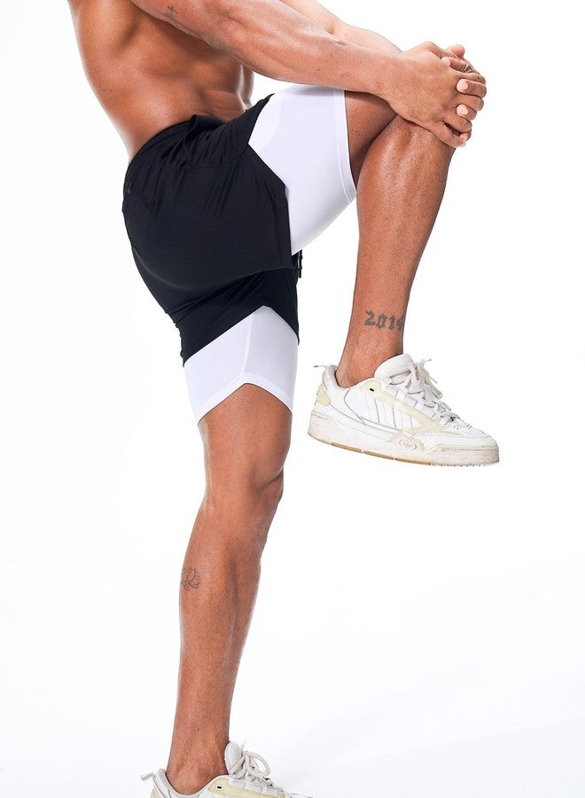 Surenow شورت رياضي رجالي من Surenow، سريع الجفاف، مناسب للتمارين الرياضية، تصميم 2 في 1، طول 5 بوصات، مناسب للجري والتمارين الرياضية، مزود بجيب للهاتف، لون أسود - Image 3